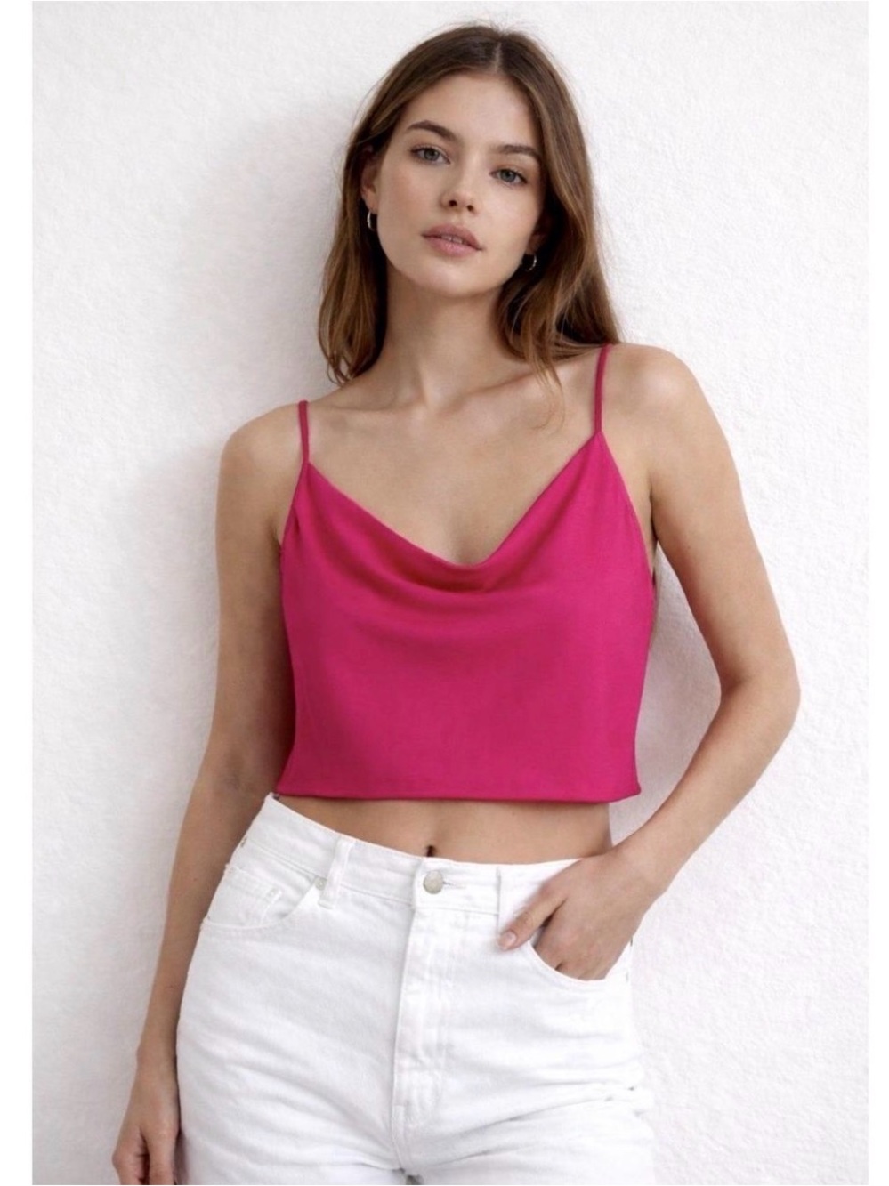 Zara Hot Pink Cowl Neck Spaghetti Strap Crop Top